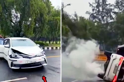 Toyota Fortuner lật nghiêng sau khi bị xe con tông vào sườn
