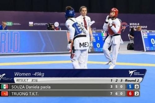 Nữ võ sĩ taekwondo Trương Thị Kim Tuyền thắng đương kim vô địch thế giới