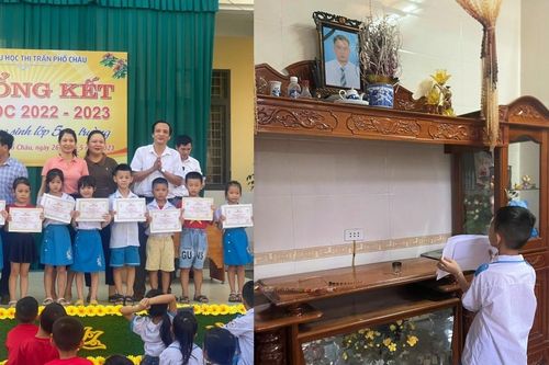 Nghẹn lòng hình ảnh cậu bé khoe giấy khen trước bàn thờ người cha đã khuất