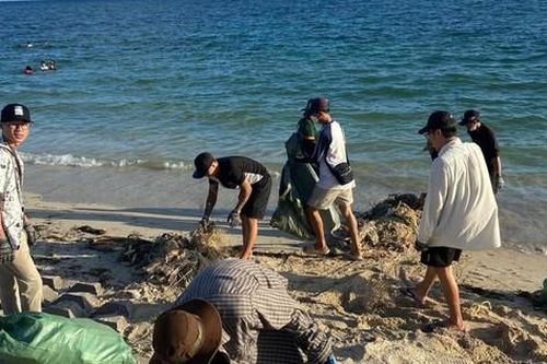 Bạn trẻ chung tay gom rác, làm sạch bờ biển ở đảo Phú Quý
