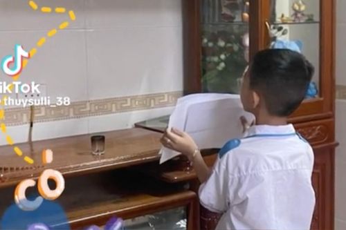 Rơi nước mắt khoảnh khắc cậu bé khoe giấy khen thưởng cuối năm trước bàn thờ bố
