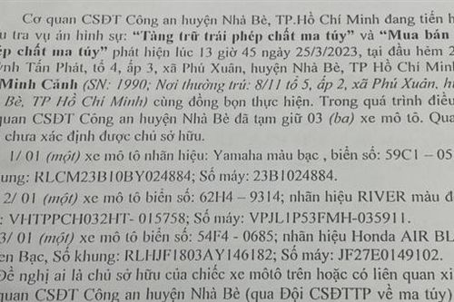 Tìm chủ sở hữu 3 xe máy trong vụ án mua bán, tàng trữ ma túy