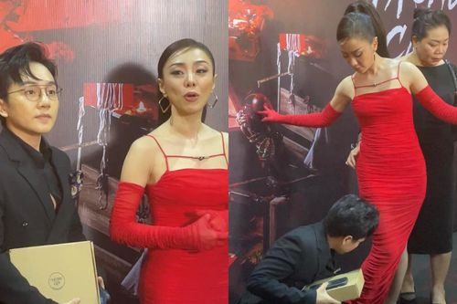 'Cậu ba' Kenji 5 lần 7 lượt chỉnh váy cho Miko Lan Trinh ở ngay sự kiện phim, có cả 'mẹ vợ' bên cạnh