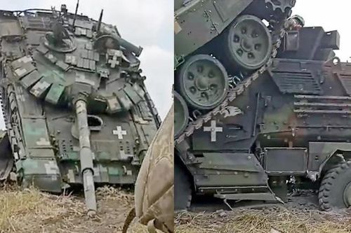 Xe tăng T-72B3 cắm nòng pháo xuống đất khi cố cán bẹp thiết giáp Mỹ