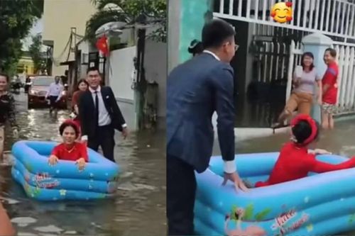 Đám cưới mùa mưa: Cô dâu cười tít mắt ngồi phao trẻ em để chồng rước về dinh