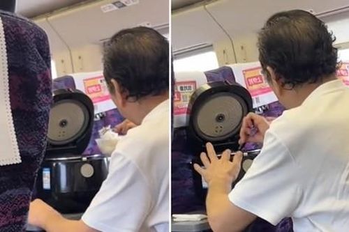 Người phụ nữ mang nồi cơm điện lên tàu, cắm điện nấu cơm ăn luôn tại chỗ