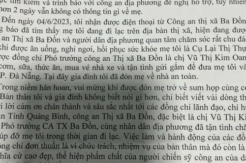Giúp cụ bà tìm lại người thân, Công an TX Ba Đồn được người dân gửi thư cảm ơn