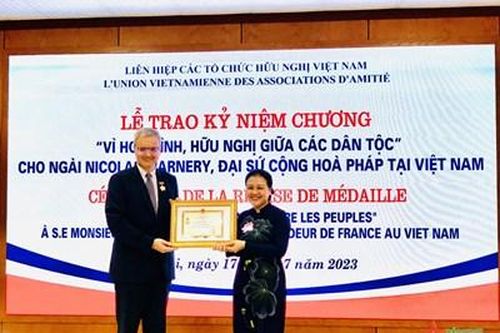 Trao Kỷ niệm chương 'Vì hòa bình, hữu nghị giữa các dân tộc' tặng Đại sứ Pháp tại Việt Nam