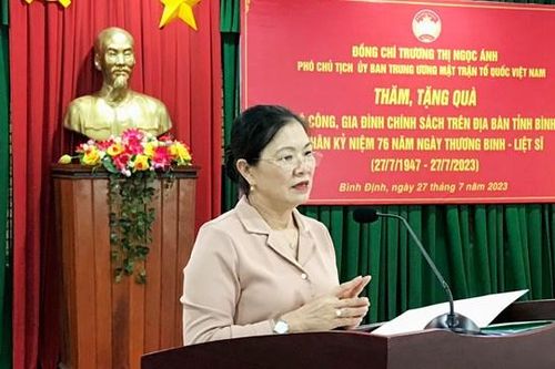 Phó Chủ tịch Ủy ban Trung ương MTTQ Việt Nam Trương Thị Ngọc Ánh thăm, tặng quà Người có công và gia đình chính sách tại Bình Định