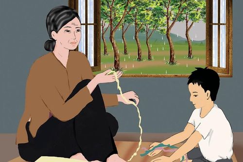 Bà ngồi đan võng ngày mưa
