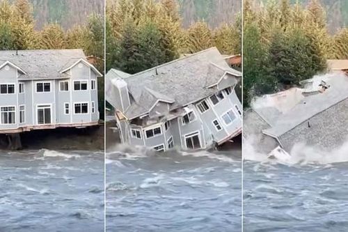 Vỡ đập hồ sông băng, cả ngôi nhà đổ sập xuống dòng sông ở Alaska