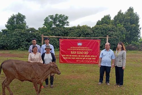 Trao 15 con bò cho các hộ nghèo và cận nghèo làng Đak Bớt