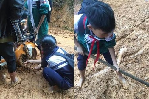 Xôn xao cảnh đường bùn nhão nhoét, học sinh vừa đi học vừa vác cuốc san đường