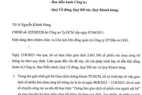 Vụ bán chui cổ phiếu: Chủ tịch LDG Nguyễn Khánh Hưng đổ lỗi do thư ký