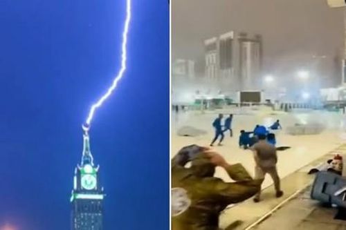 Video sét đánh thẳng xuống Tháp Đồng hồ nổi tiếng ở Thánh địa Mecca giữa giông bão dữ dội