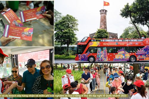 Xem người dân và du khách xếp hàng nhận vé miễn phí trải nghiệm xe bus 2 tầng ở Thủ đô dịp Quốc khánh 2023