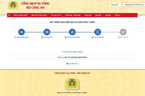 Thanh toán trực tuyến phí thẩm duyệt thiết kế về PCCC trên Cổng dịch vụ công Bộ Công an