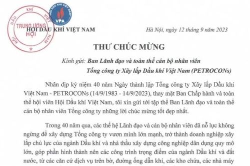 Chủ tịch Hội Dầu khí Việt Nam gửi thư chúc mừng Kỷ niệm 40 năm Ngày thành lập Tổng công ty Xây lắp Dầu khí Việt Nam