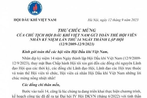 Chủ tịch Hội Dầu khí Việt Nam gửi thư chúc mừng hội viên nhân 14 năm Ngày thành lập Hội