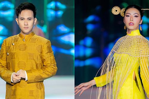 Ca sĩ Nguyên Vũ làm người mẫu trình diễn áo dài cùng Minh Tú