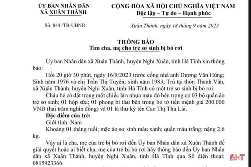 Tìm cha mẹ của bé trai bị bỏ rơi bên cổng nhà dân ở Nghi Xuân