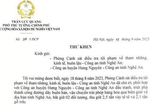 Phó Thủ tướng gửi thư khen Công an Nghệ An phá vụ vận chuyển 4,6 tấn hàng cấm