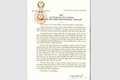 Thư của Chủ tịch nước Võ Văn Thưởng gửi cán bộ, chiến sĩ Quân chủng Phòng không-Không quân