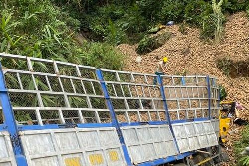 Xe tải chở hàng chục tấn sắn lao vào vách núi khiến 3 người thương vong