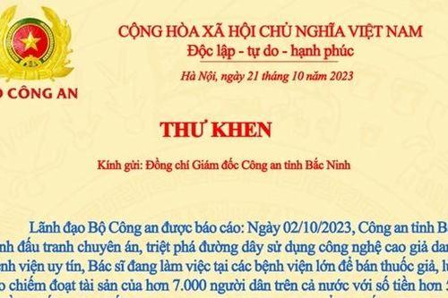 Lãnh đạo Bộ Công an gửi Thư khen Công an tỉnh Bắc Ninh