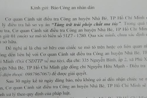 Tìm chủ sở hữu xe liên quan vụ tàng trữ trái phép chất ma túy