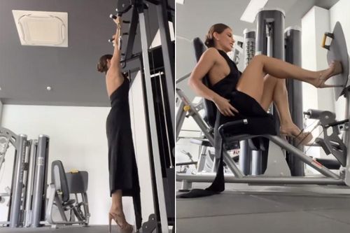 Á hậu Hòa bình mặc váy, đi giày cao gót tập gym