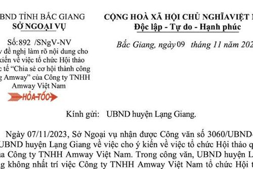 Tại sao Sở Ngoại vụ Bắc Giang nhất quyết đồng ý cho Công ty TNHH Amway Việt Nam tổ chức hội thảo bán hàng đa cấp?