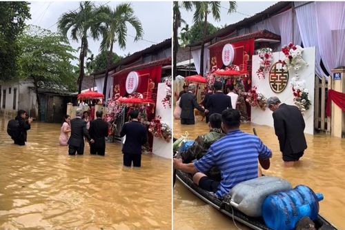 Cưới trúng mùa lụt, đằng trai lội nước bì bõm sang đằng gái xin dâu
