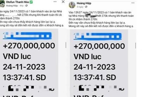 Công an sẽ làm việc với nhà hàng đăng tin tìm khách chuyển nhầm 270 triệu đồng ở Thanh Hóa