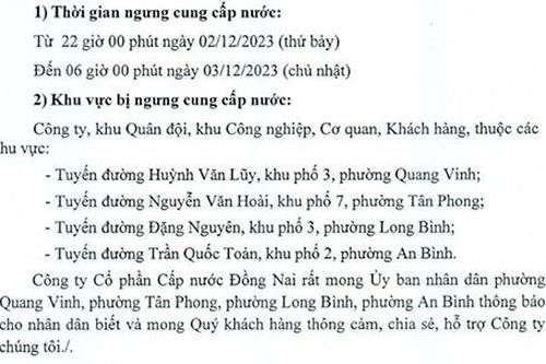 Tạm ngưng cấp nước một số khu vực trung tâm Biên Hòa
