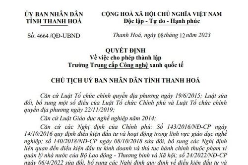 Thanh Hóa cho phép thành lập Trường Trung cấp Công nghệ xanh quốc tế