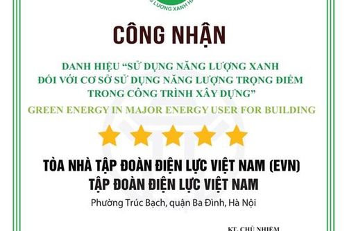 Tòa nhà EVN đạt chứng nhận 5 sao về công trình xanh