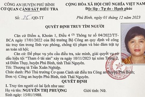 Công an huyện Phú Bình: Ra quyết định truy tìm người