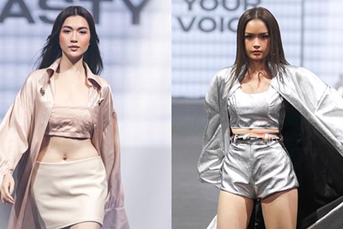 Hoa hậu Ngọc Châu, Á hậu Lệ Hằng mặc áo choàng quét đất catwalk