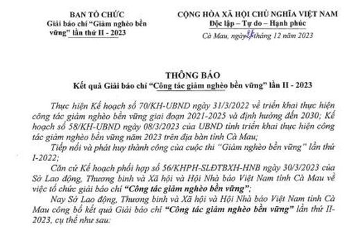 Thông báo kết quả Giải báo chí 'Công tác giảm nghèo bền vững' lần II - 2023