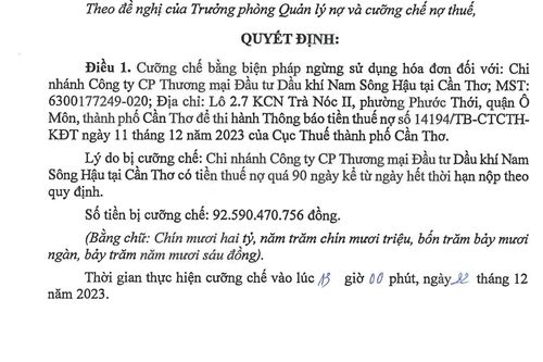 Dầu khí Nam Sông Hậu tại Cần Thơ nợ thuế trên 92 tỷ đồng