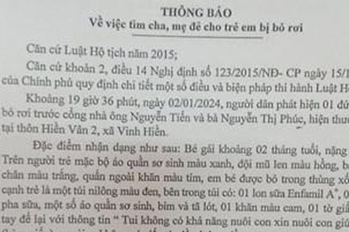 Tìm cha, mẹ đẻ cho bé gái bị bỏ rơi tại xã Vinh Hiền
