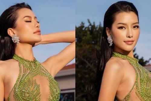 Á hậu Hoàng Thị Nhung diện váy dạ hội cầu kỳ khoe thân hình chuẩn đồng hồ cát