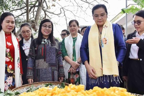Phu nhân Thủ tướng Việt Nam và Lào trải nghiệm kéo sợi tại làng dệt Nam Cao