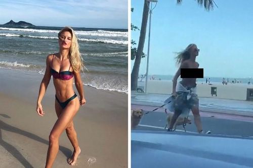 Thản nhiên thả rông vòng 1 dắt chó đi dạo, người mẫu bikini bị bắt vì làm việc này ở nơi công cộng