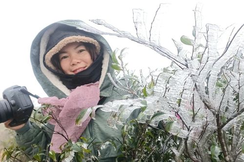 Du khách thích thú ngắm băng tuyết trên đỉnh Cao Ly (Bình Liêu)