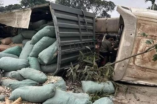 Xe đầu kéo lật trên quốc lộ, hàng tấn nông sản đổ ra đường