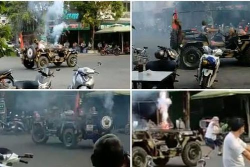 Người đàn ông chạy xe Jeep đốt pháo sáng, múa côn náo loạn trung tâm thương mại