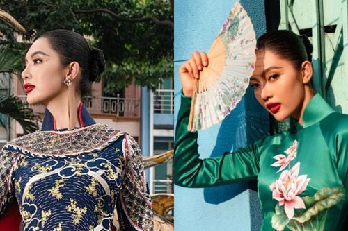 Hoa hậu Đại dương Thu Uyên dạo phố với áo dài rồng cưỡi mây