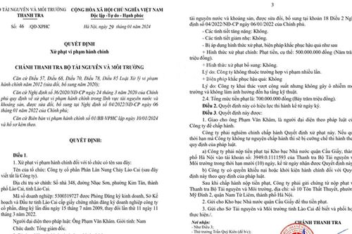Thanh tra Bộ Tài nguyên và Môi trường xử phạt hành chính Công ty Cổ phần Phân lân nung chảy Lào Cai 700 triệu đồng